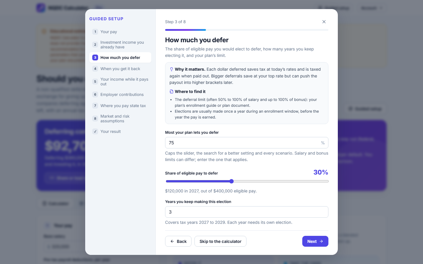 A guided setup step asking for pay details, with plain-language help on where to find each number.